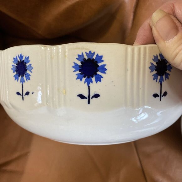 1940s STENCILED POTTERY BOWLS MADE IN GERMANY SET OF 3 Blue Flower BOWLS - Picture 6 of 12